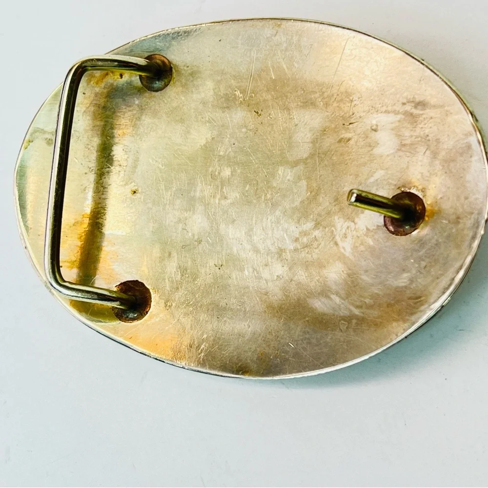 Vintage Native Turquoise Inlay Nickel Silver Bucking Bronco Belt Buckle Western